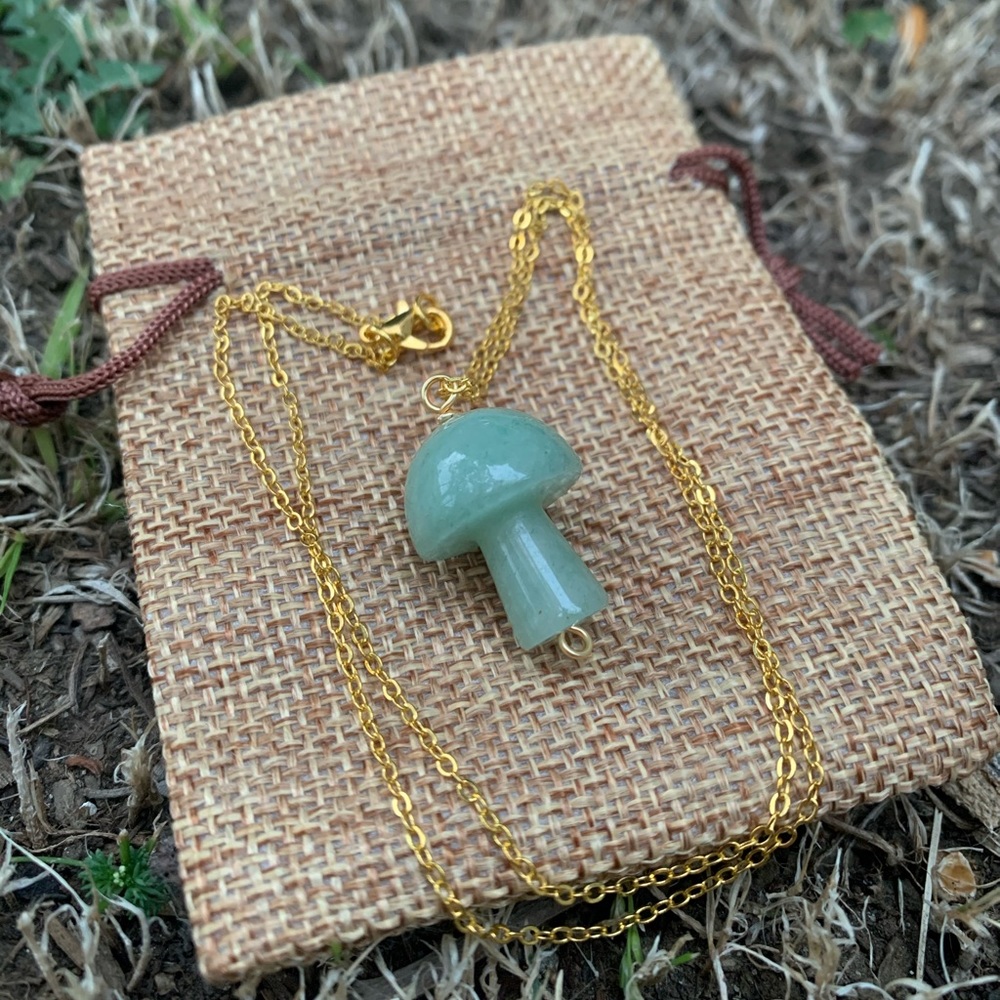 Green Aventurine Mushroom Necklace Aventurine Gold Mushroom Crystal Necklace